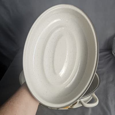 Enamel Covered Roasting Pan Capri C-10 Offset Handles Tan Daisies NIB - Thumbnail 8
