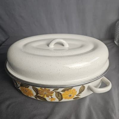 Enamel Covered Roasting Pan Capri C-10 Offset Handles Tan Daisies NIB - Thumbnail 6