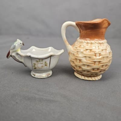 2 Vintage Occupied Japan Miniatures - Pitcher & Teacup with Bird - Thumbnail 2