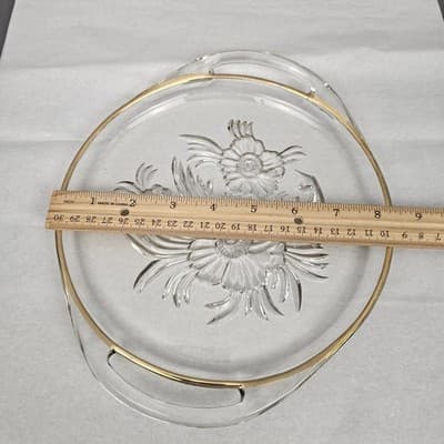 Vintage Pressed Glass Serving Plate Gold Trimmed Floral Glass w Handles - Thumbnail 5