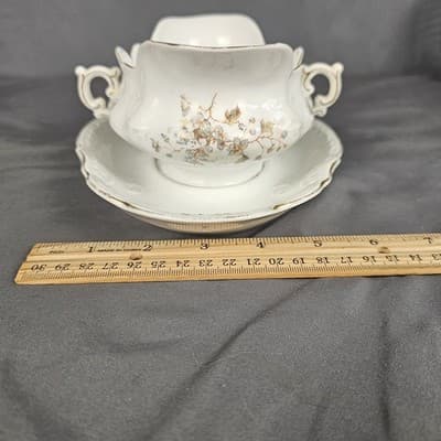 LS&S Carlsbad Gravy Boat with Bottom Austria Pink Blue Florals Scalloped Vtg - Thumbnail 7