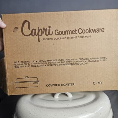 Enamel Covered Roasting Pan Capri C-10 Offset Handles Tan Daisies NIB - Thumbnail 2