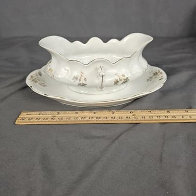 LS&S Carlsbad Gravy Boat with Bottom Austria Pink Blue Florals Scalloped Vtg - Thumbnail 6