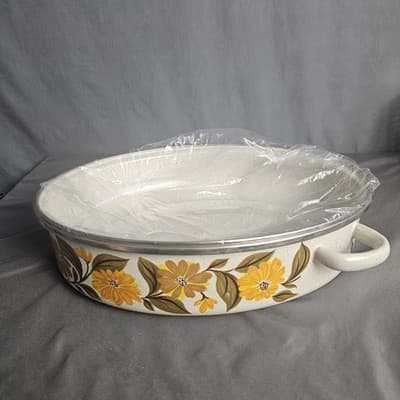 Enamel Covered Roasting Pan Capri C-10 Offset Handles Tan Daisies NIB - Thumbnail 13
