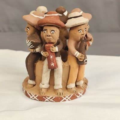 Vintage Peruvian Terra Cotta Clay Pottery Folk Art Circle Of Musicians 4" Tall - Thumbnail 4