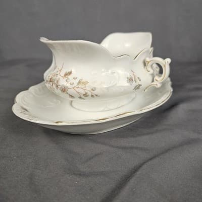 LS&S Carlsbad Gravy Boat with Bottom Austria Pink Blue Florals Scalloped Vtg - Thumbnail 3