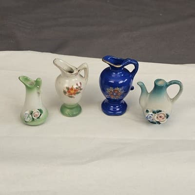 4 Vintage Occupied Japan Miniatures - Pitcher, Watering Can, & Pitcher w/ Roses - Thumbnail 2