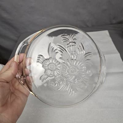 Vintage Pressed Glass Serving Plate Gold Trimmed Floral Glass w Handles - Thumbnail 3