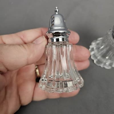 Vintage Cut Glass 2 piece Salt Pepper Set 4" Tall Silver Tone Fancy Top - Thumbnail 5