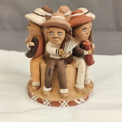 Vintage Peruvian Terra Cotta Clay Pottery Folk Art Circle Of Musicians 4" Tall - Thumbnail 3