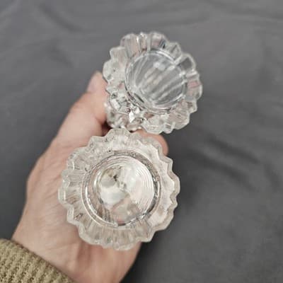 Vintage Cut Glass 2 piece Salt Pepper Set 4" Tall Silver Tone Fancy Top - Thumbnail 4