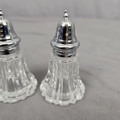 Vintage Cut Glass 2 piece Salt Pepper Set 4" Tall Silver Tone Fancy Top - Thumbnail 2