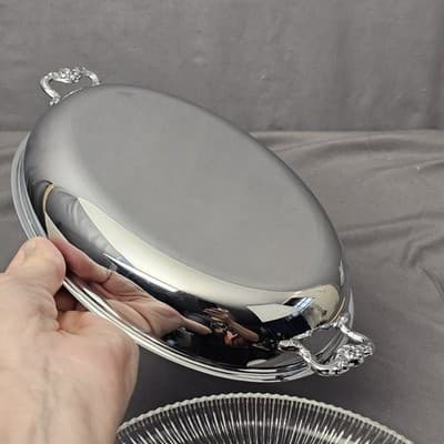 Vintage Oval Glass Tray with Fixed Silver-Plate Gallery Rim - EUC - Thumbnail 8