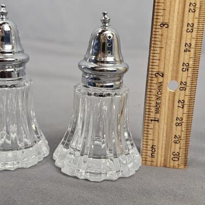 Vintage Cut Glass 2 piece Salt Pepper Set 4" Tall Silver Tone Fancy Top - Thumbnail 7
