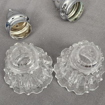 Vintage Cut Glass 2 piece Salt Pepper Set 4" Tall Silver Tone Fancy Top - Thumbnail 8