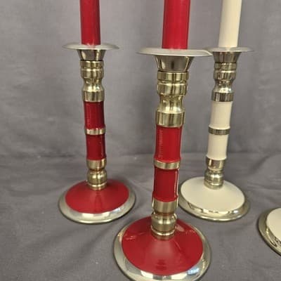 4 Vintage LP Gas Propane Candle Lamps Red Beige Brass Tone MCM Candlesticks RARE - Thumbnail 4