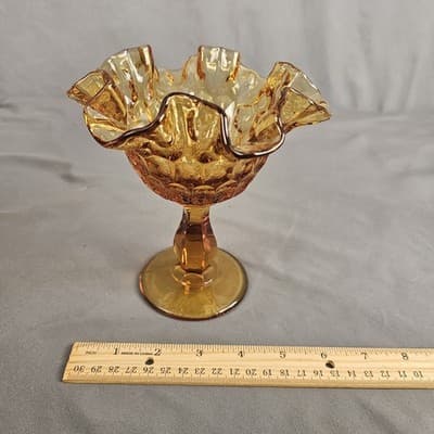 VTG Fenton Amber Glass Thumbprint Ruffled Edge Pedestal Compote Candy Dish 6” - Thumbnail 10
