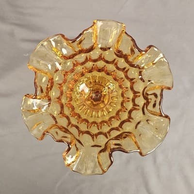 VTG Fenton Amber Glass Thumbprint Ruffled Edge Pedestal Compote Candy Dish 6” - Thumbnail 4