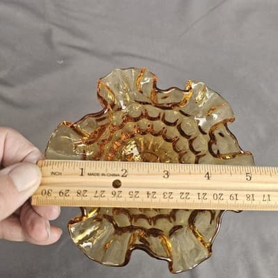 VTG Fenton Amber Glass Thumbprint Ruffled Edge Pedestal Compote Candy Dish 6” - Thumbnail 9