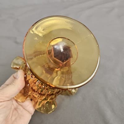 VTG Fenton Amber Glass Thumbprint Ruffled Edge Pedestal Compote Candy Dish 6” - Thumbnail 6