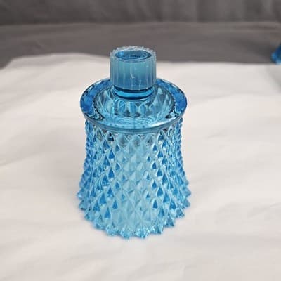 Vintage Blue Diamond Point Glass Peg Votive Cup Candle Holder Excellent Cond. - Thumbnail 3