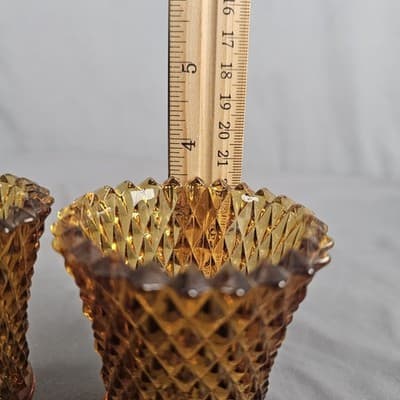 2 Vintage Homco Amber Diamond Cut Votive Cups Candle Holders 3.5" - Thumbnail 5