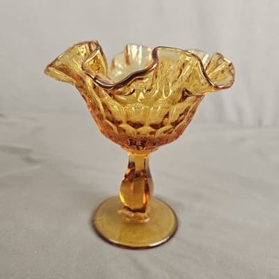 VTG Fenton Amber Glass Thumbprint Ruffled Edge Pedestal Compote Candy Dish 6” - Thumbnail 5