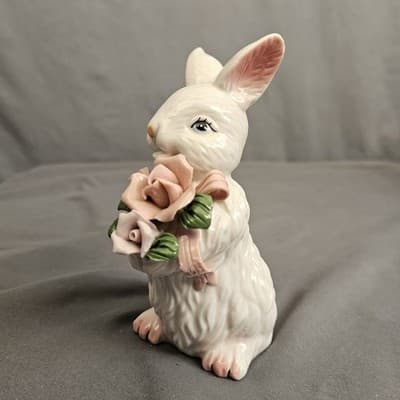 Vintage Porcelain Bunny Rabbit with Flowers Figurine Easter - Thumbnail 2