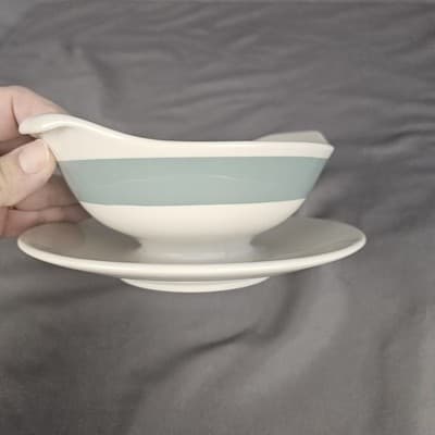 Vintage MCM Restaurant Ware Aqua Band Gravy Boat Homer Laughlin Style Unmarked - Thumbnail 4