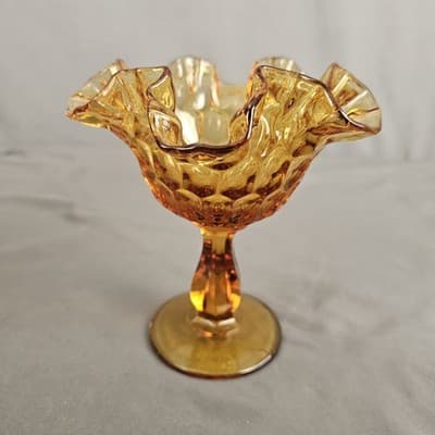 VTG Fenton Amber Glass Thumbprint Ruffled Edge Pedestal Compote Candy Dish 6” - Thumbnail 2