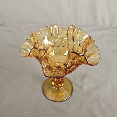 VTG Fenton Amber Glass Thumbprint Ruffled Edge Pedestal Compote Candy Dish 6” - Thumbnail 3