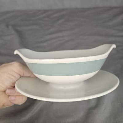 Vintage MCM Restaurant Ware Aqua Band Gravy Boat Homer Laughlin Style Unmarked - Thumbnail 9