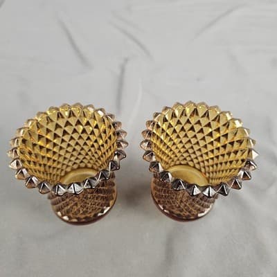 2 Vintage Homco Amber Diamond Cut Votive Cups Candle Holders 3.5" - Thumbnail 2