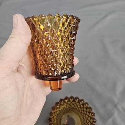 2 Vintage Homco Amber Diamond Cut Votive Cups Candle Holders 3.5" - Thumbnail 4