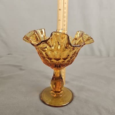 VTG Fenton Amber Glass Thumbprint Ruffled Edge Pedestal Compote Candy Dish 6” - Thumbnail 8