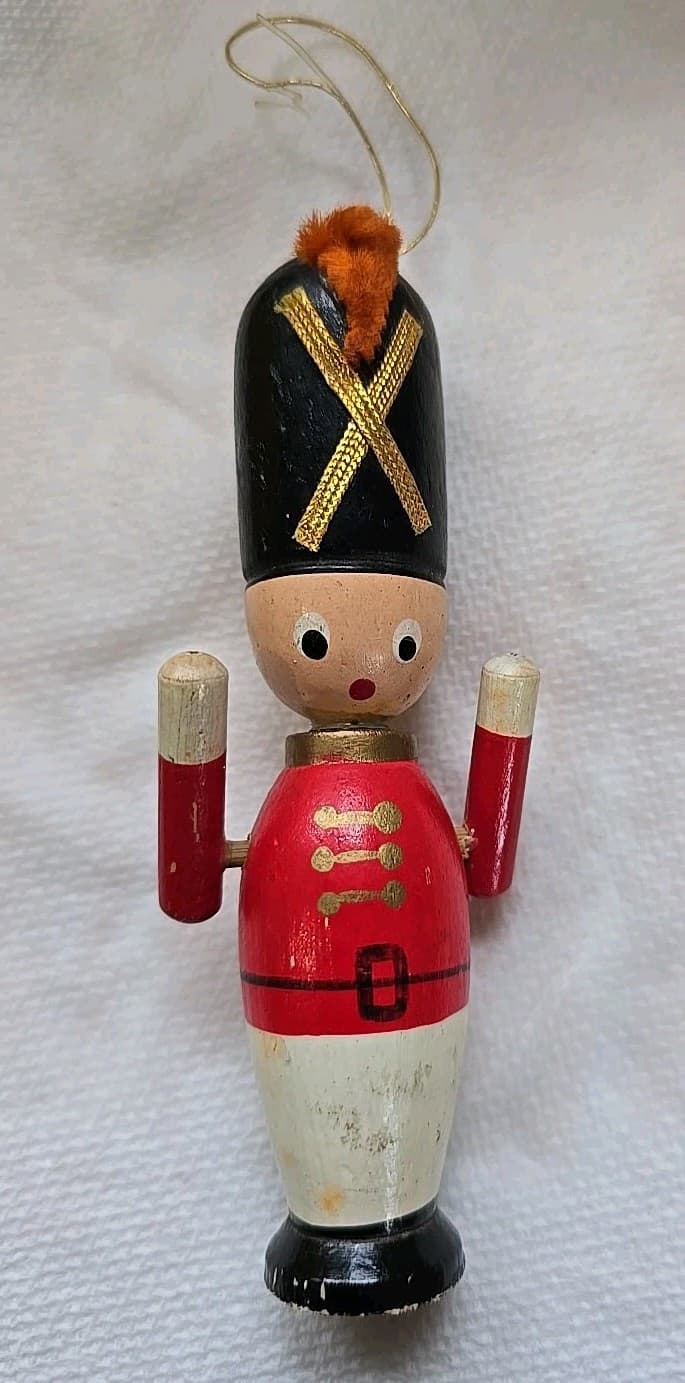 Vintage Wooden Christmas Ornament Toy Soldier Movable Arms - 5" Tall - Thumbnail 2