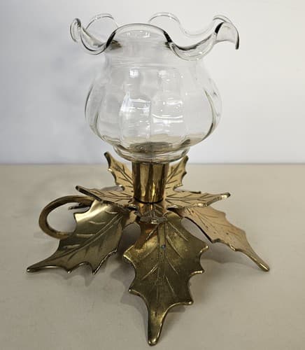 Vintage Solid Brass Candle Stick Holder Holly Leaf Christmas Poinsettia - Thumbnail 4