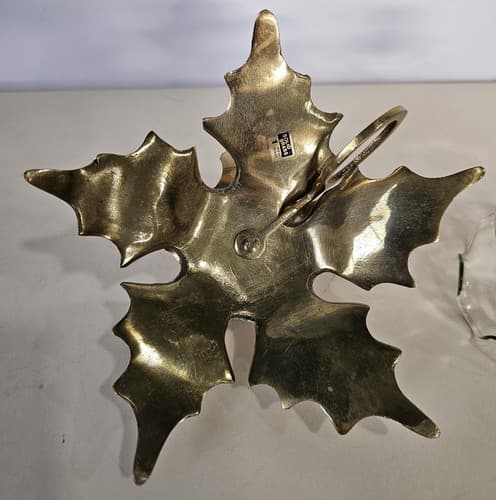 Vintage Solid Brass Candle Stick Holder Holly Leaf Christmas Poinsettia - Thumbnail 8
