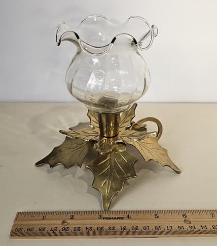 Vintage Solid Brass Candle Stick Holder Holly Leaf Christmas Poinsettia - Thumbnail 5