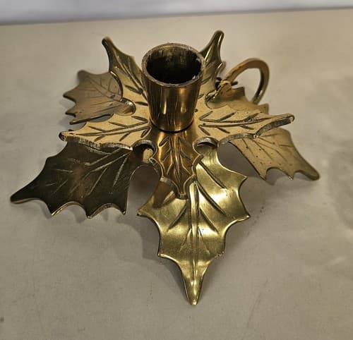 Vintage Solid Brass Candle Stick Holder Holly Leaf Christmas Poinsettia - Thumbnail 7