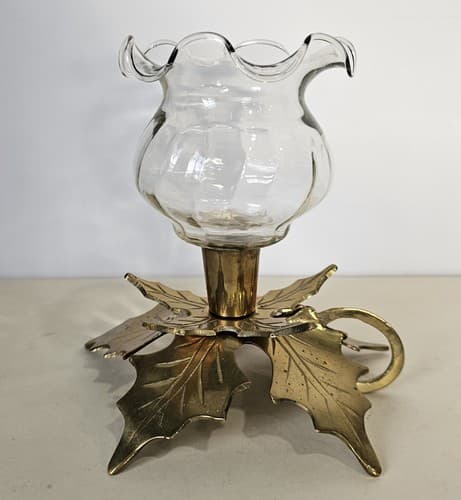 Vintage Solid Brass Candle Stick Holder Holly Leaf Christmas Poinsettia - Thumbnail 2