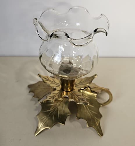Vintage Solid Brass Candle Stick Holder Holly Leaf Christmas Poinsettia - Thumbnail 3