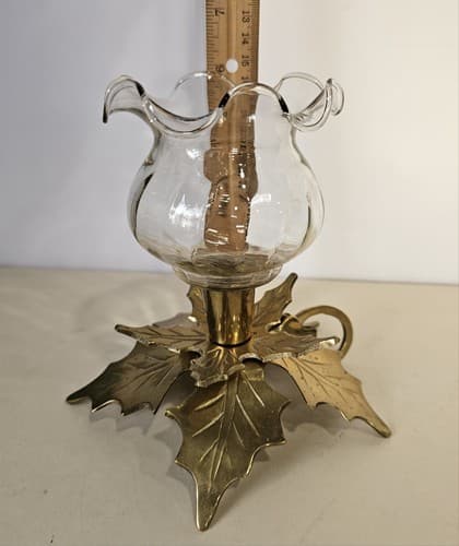 Vintage Solid Brass Candle Stick Holder Holly Leaf Christmas Poinsettia - Thumbnail 6