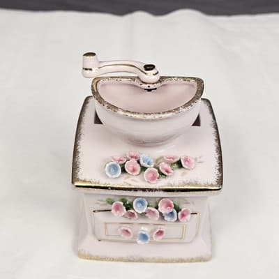 Vintage Lefton China Hand Painted Pink Coffee Grinder w Flowers Figurine Planter - Thumbnail 2