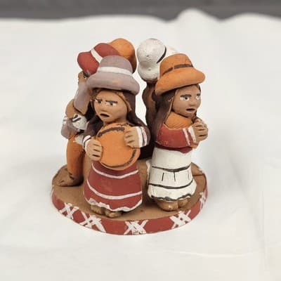 Vintage Peruvian Terra Cotta Clay Pottery Folk Art Circle Of Musicians 2.2" Tall - Thumbnail 3