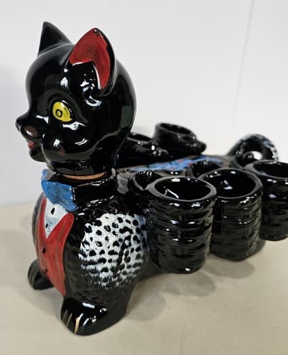 Cat Decanter w/Cups Antique Benson Handpainted Cat Decanter & 6 Cups Shot Glass - Thumbnail 5