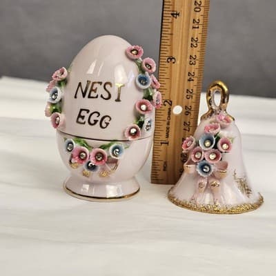 LEFTON Vintage Porcelain Lt. Rose Nesi Nest Egg With Lid & Bell Hand Painted - Thumbnail 8