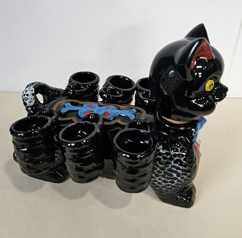 Cat Decanter w/Cups Antique Benson Handpainted Cat Decanter & 6 Cups Shot Glass - Thumbnail 2
