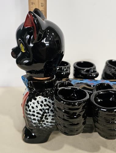 Cat Decanter w/Cups Antique Benson Handpainted Cat Decanter & 6 Cups Shot Glass - Thumbnail 14