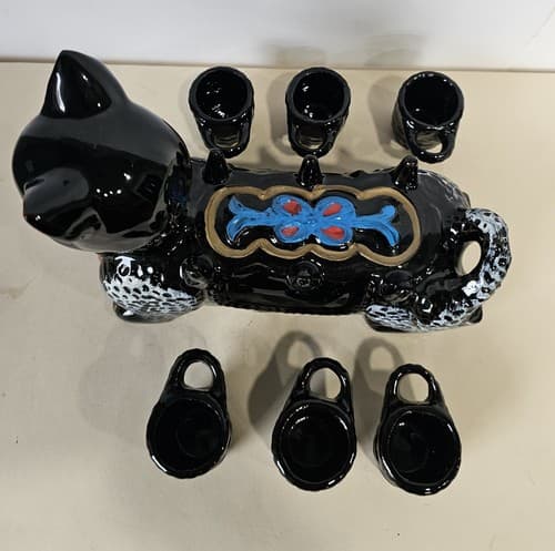 Cat Decanter w/Cups Antique Benson Handpainted Cat Decanter & 6 Cups Shot Glass - Thumbnail 7